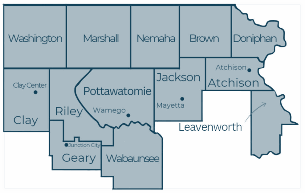 3Rivers serves the following Kansas counties: Atchison, Brown, Clay, Doniphan, Geary, Jackson, Leavenworth, Marshall, Nemaha, Pottawatomie, Riley, Wabaunsee, and Washington.